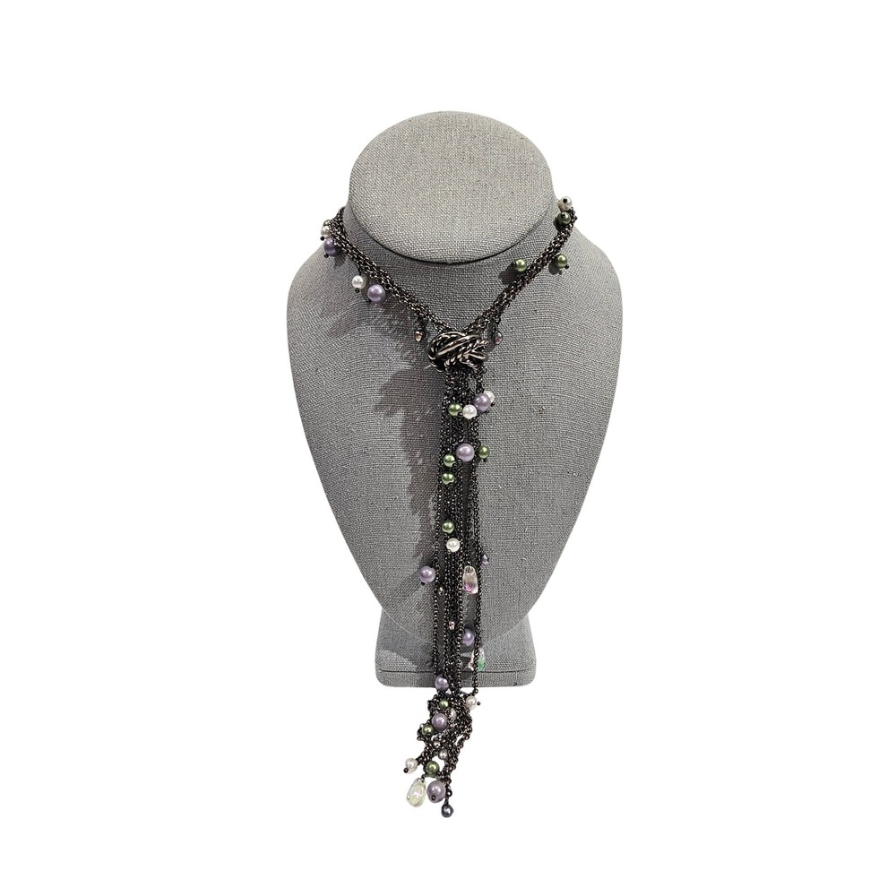Lia Sophia Lariat Tassel Necklace Women OS Gunmetal Faux Pearl Multi Strand Knot